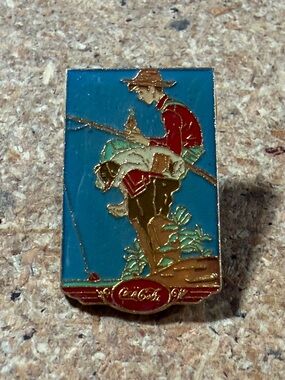 Vintage 1987 Coca-Cola Norman Rockwell Boy Fishing on Dock Enamel Lapel Hat Pin